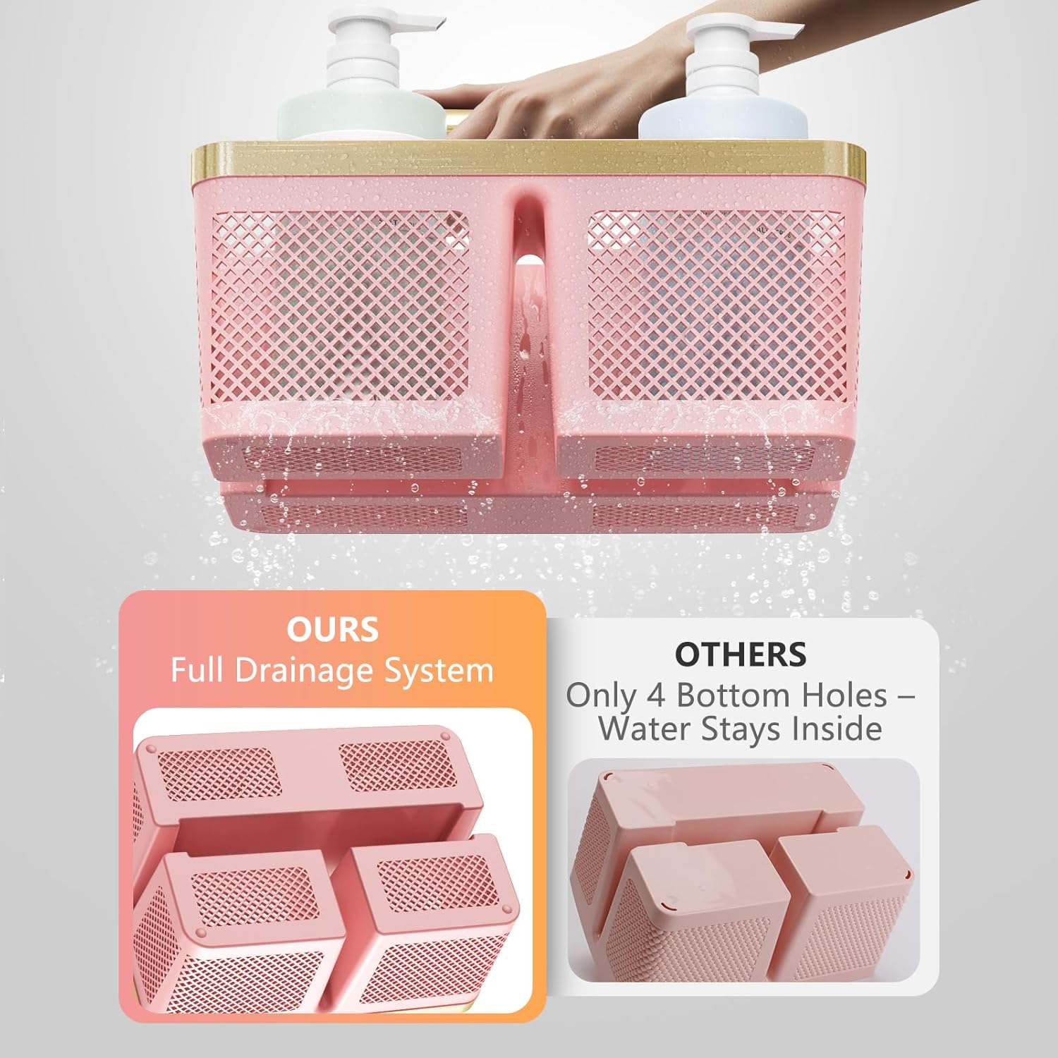 Shower Caddy Dorm Plastic: Portable Bathroom Caddy Organizer with Handle and Holes, Toiletry Holder, Hard Shower Basket Storage Tote for Toiletry, College Dorm Room Essentials Pink/Gold