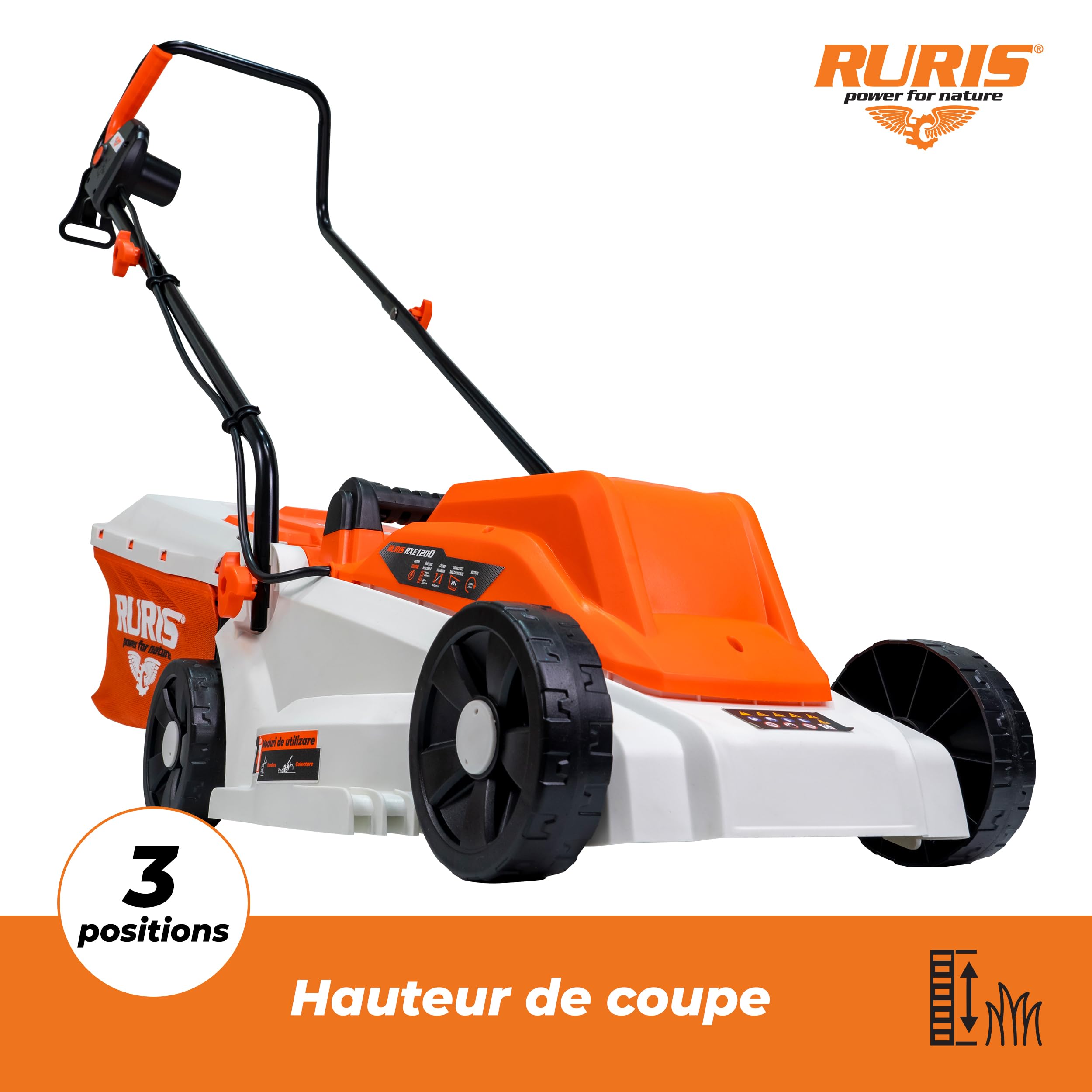 RURIS Tondeuse à Gazon Électrique RXE1200 1200W, Largeur de Coupe 320 mm, Hauteur Réglable 25/45/60 mm, Bac de Ramassage 30 L, 3100 TR/Min, Orange