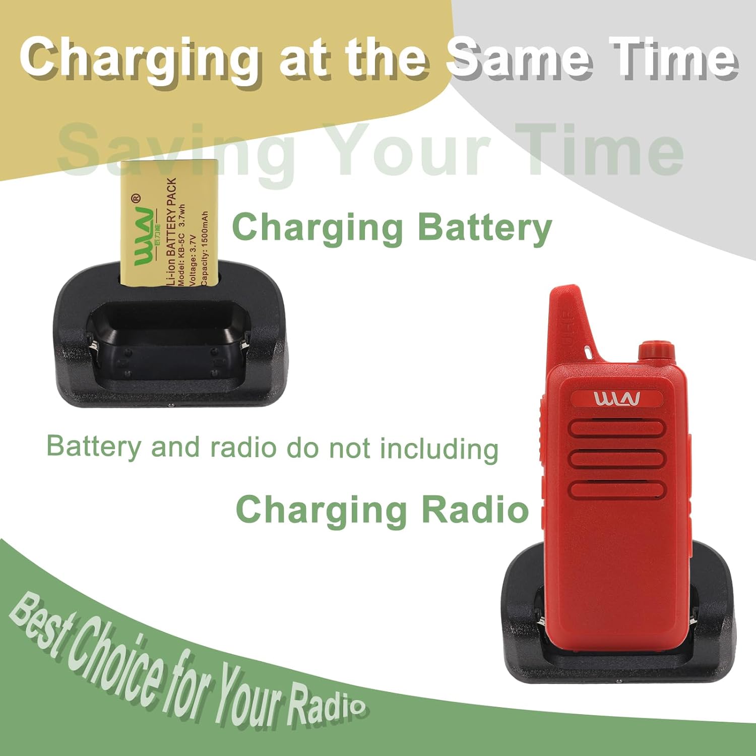 Image demonstrating a two-way radio and a battery being charged simultaneously in the KD-C1 Charger Base