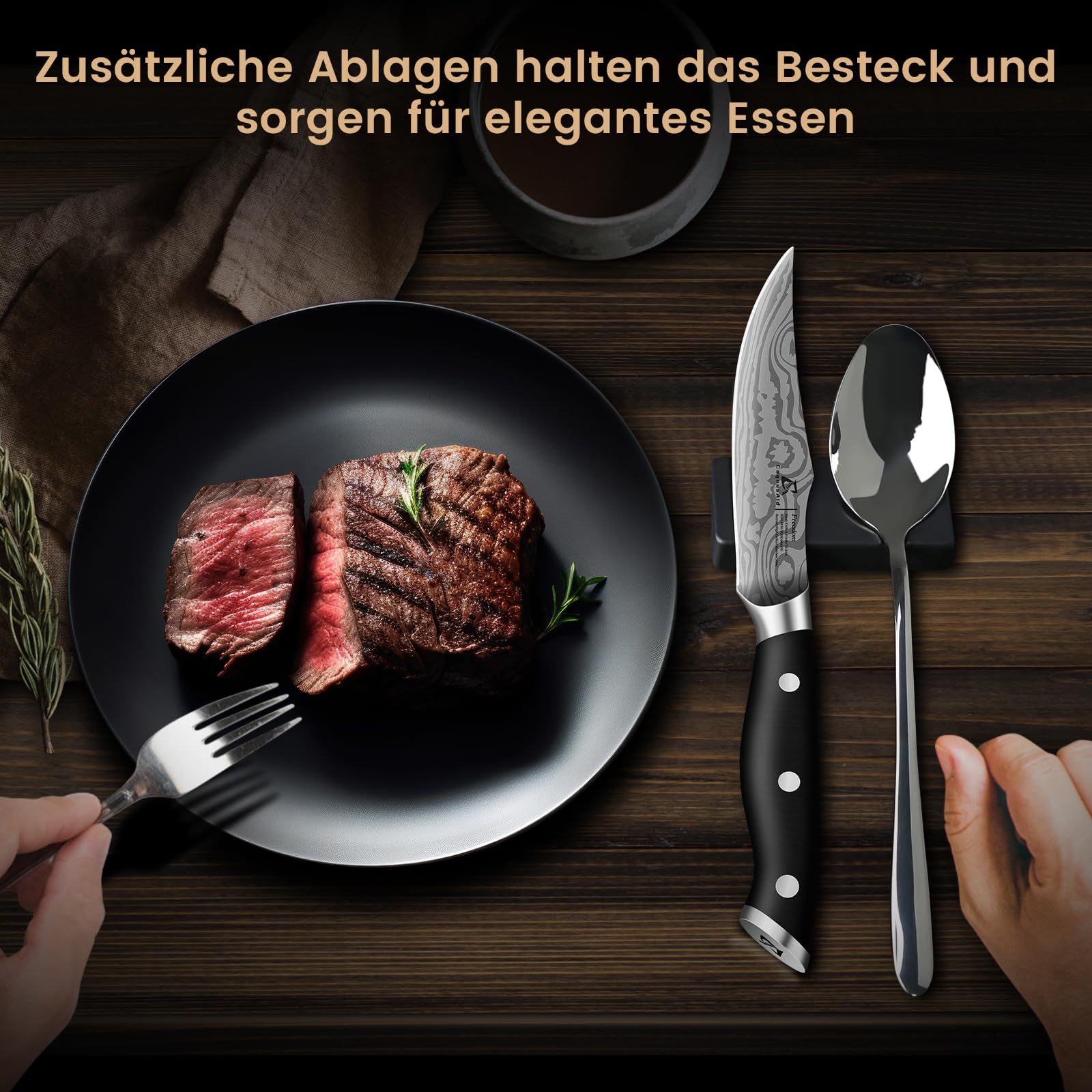 CoquusAid Steakmesser Set 4-teilig, 12,2cm Fein Geschliffen und Uperscharf Besteck Set mit Hochwertiger & Ergonomischer Griff aus Deutschem Edelstahl, Elegantes Schwarz Steak Messer als Geschenk