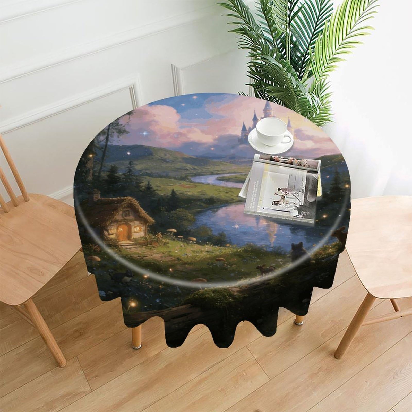LZQPOEAS Fairytale Land Tablecloth Easy to Clean Polyester Round Table Cover Washable Round Table Cloth Wrinkle-Free Circle Decoration Tablecloth for Kitchen and Dining Room 60"