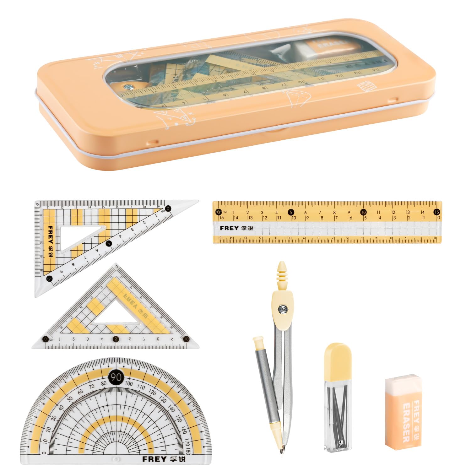 Wellrun Compass and Protractor Set,Drawing Equipment Box,Cute Geometry Kit with Ruler,Eraser,Pencil Refills,Maths Set for Secondary School,Office,Home,Measuring,Exam Stationery