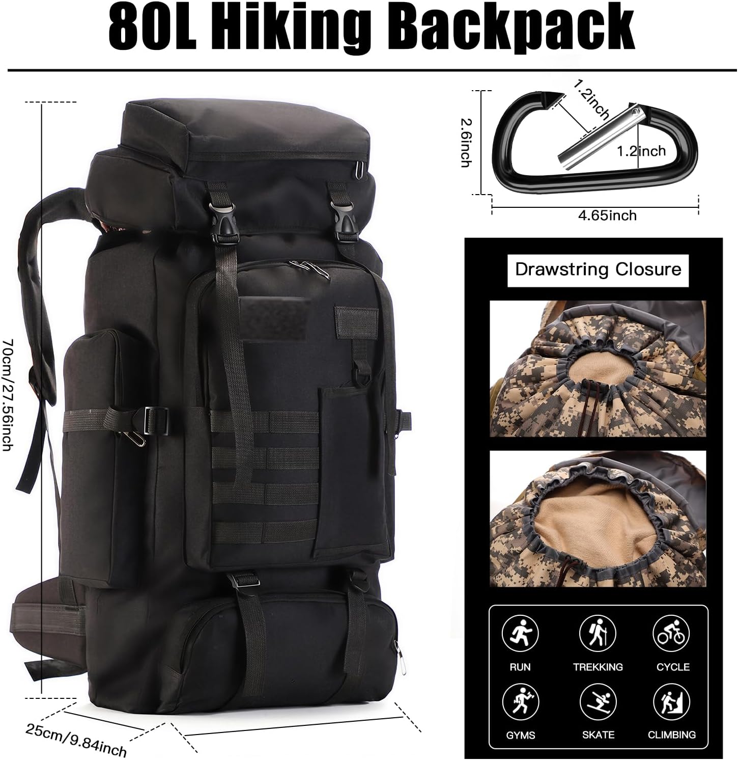 Hiking Backpack 80L with Carabiner Clips Packable Lightweight Camping Backpack Men Women Waterproof Hiking Daypack Travel Bag (Black, 80L)