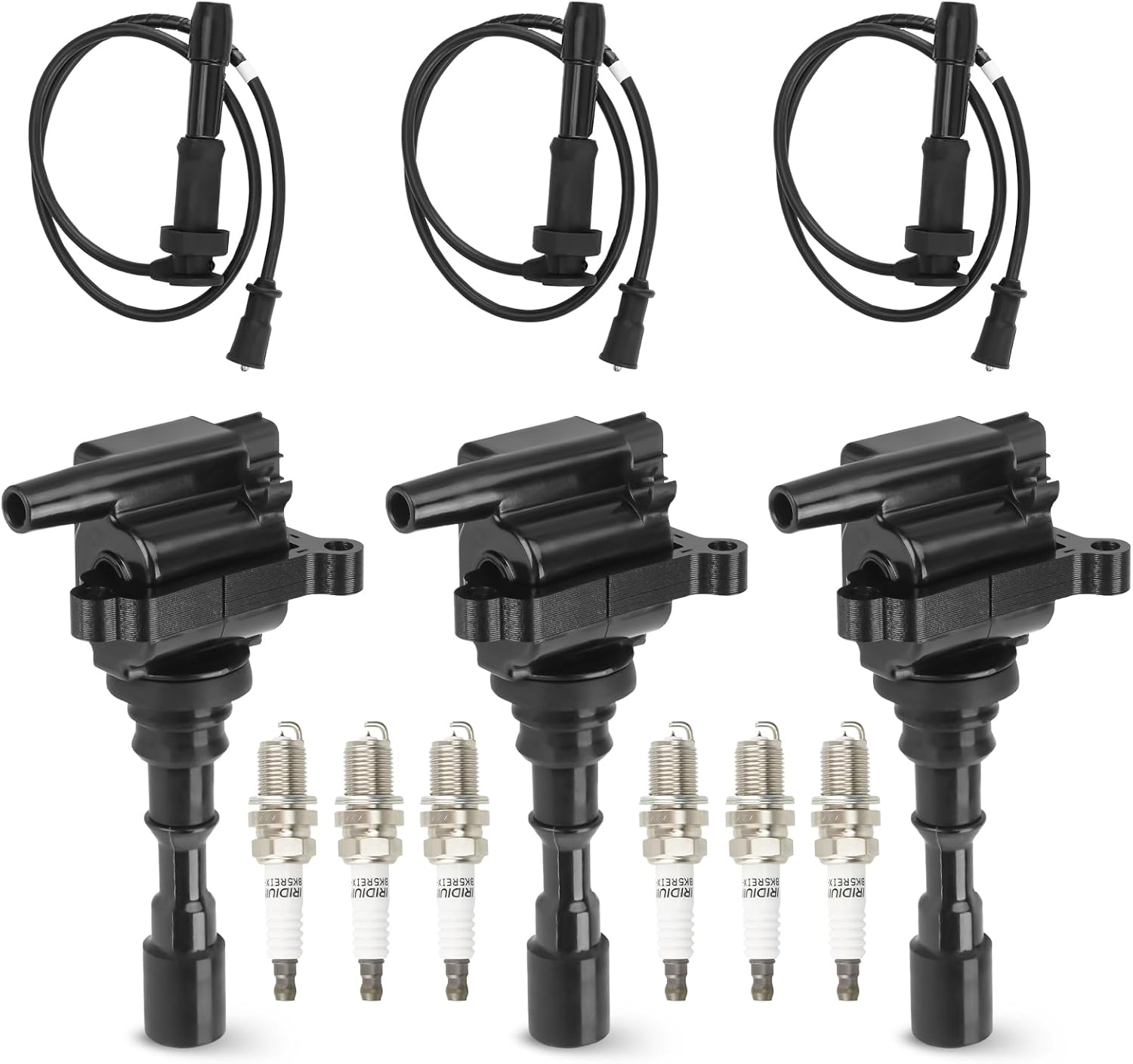 3PCS Ignition Coil Pack with 6PCS Iridium Spark Plug and 3PCS Wire Set Compatible with Kia Sorento 2003 2004 2005 2006 3.5L V6, Replace for UF431 IC551 27300-39800