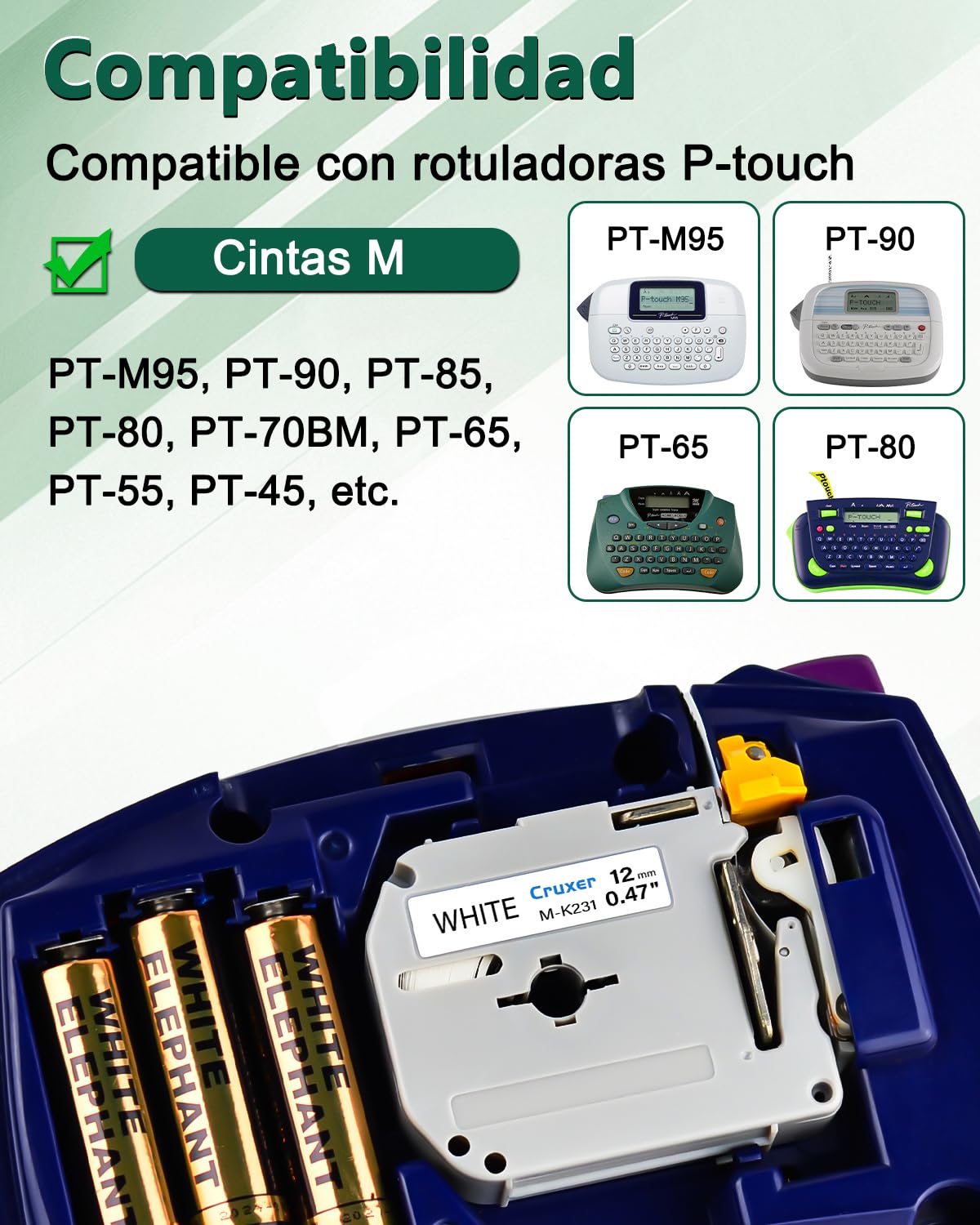 Paquete 20 Cinta Compatible P-Touch M-K231 Negro sobre Blanco 12 mm