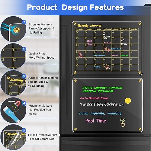 Miniatura 10 de WALGLASS Calendario acrílico para nevera, 12 x 16 pulgadas, pizarra magnética magnética de acrílico transparente dorado para refrigerador, juego de