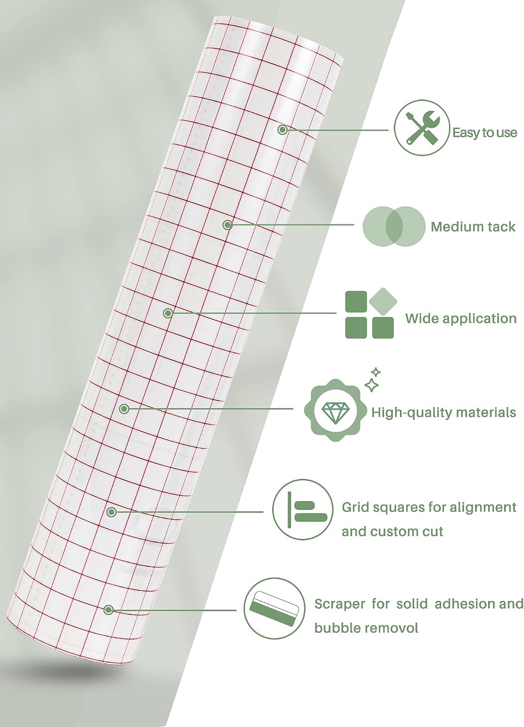 JARLINK Vinyl Transfer Tape, 12'' x 70 Feet Transfer Tape Roll with Red Alignment Grid for Self Adhesive Vinyl, Clear Medium Tack Tape for Windows, Walls, Stickers, Decals