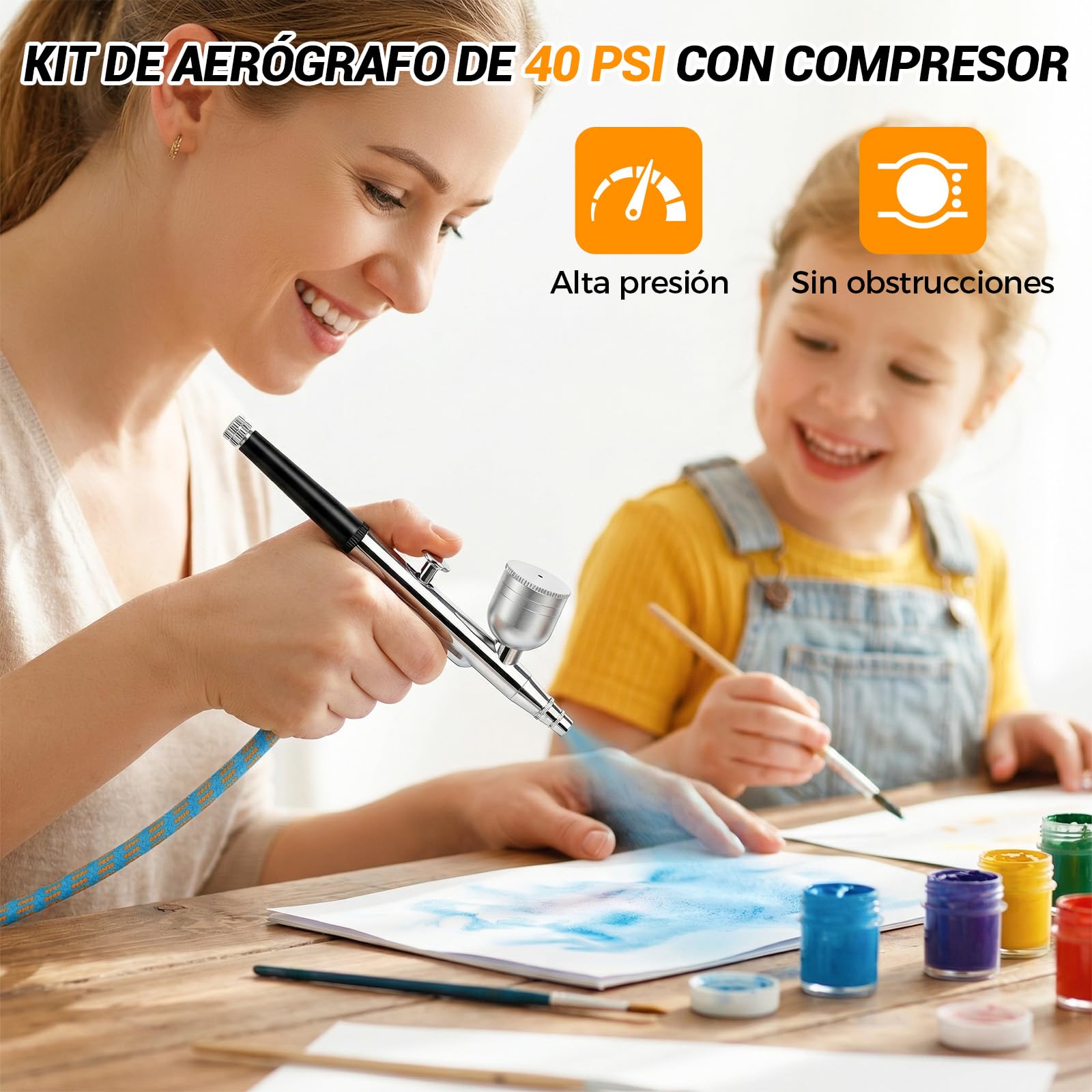 Kit de Aerógrafo con Compresor de 40 PSI de Doble Acción con 3 Tamaños de Boquilla (0,2/0,3/0,5 mm) para Modelismo, Maquillaje, Pintura de Coche