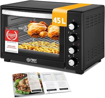 TZS First Austria - Mini Oven 45L 2000W - Mini pizza oven up to 230 C and non-stick coating - With 60 min timer, 4 insertion heights, tray, rack and rotary rotisserie