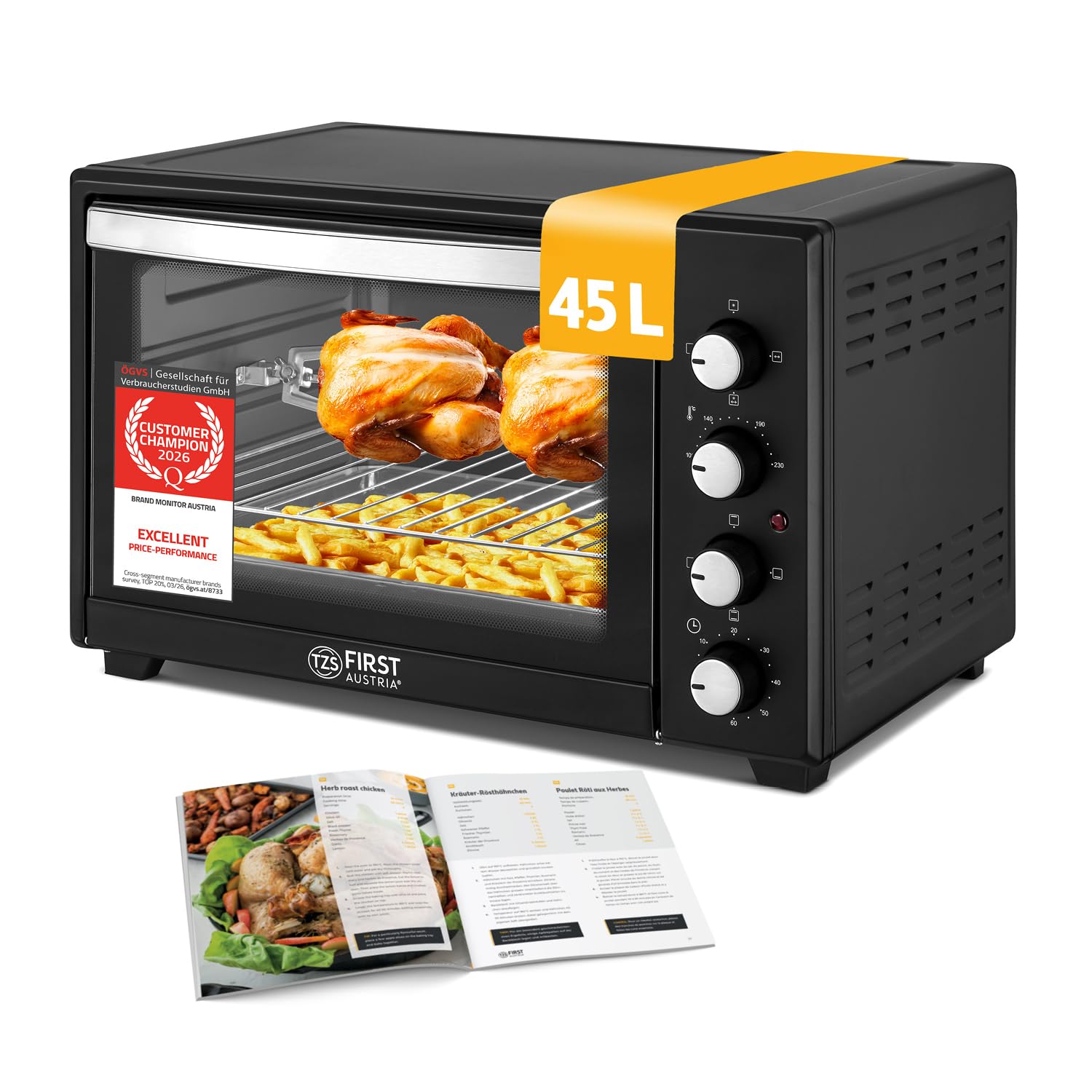 TZS First Austria - Mini Horno 45L 2000W - Minihorno para pizza hasta 230°C y revestimiento antiadherente - Con temporizador 60 min, 4 alturas de inserción, bandeja, rejilla y asador giratorio