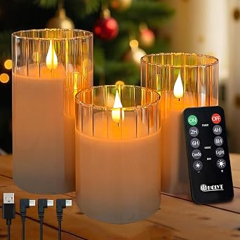 LEDHOLYT Rechargeable Flameless Candle, Flashing LED Pillar Real Wax Candle with Remote Control and Timer, Gold Stripes Glass Electronic Candles for Room Decoration, 1 Set of 3