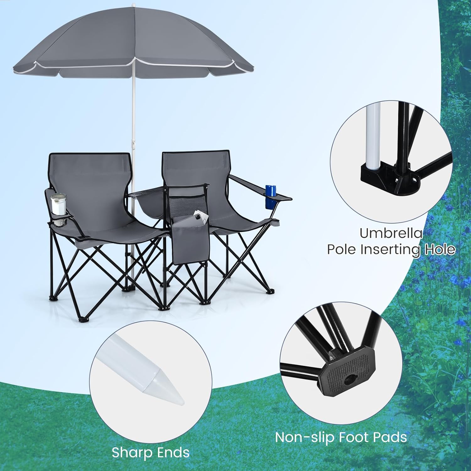 Tangkula Double Camping Chairs with Umbrella, Portable 2 Seat Folding Camp Chair with Cooler Bag, Beverage Holder, Carrying Bag, Foldable Lawn Chair for Outside, Fishing, Picnic, Beach