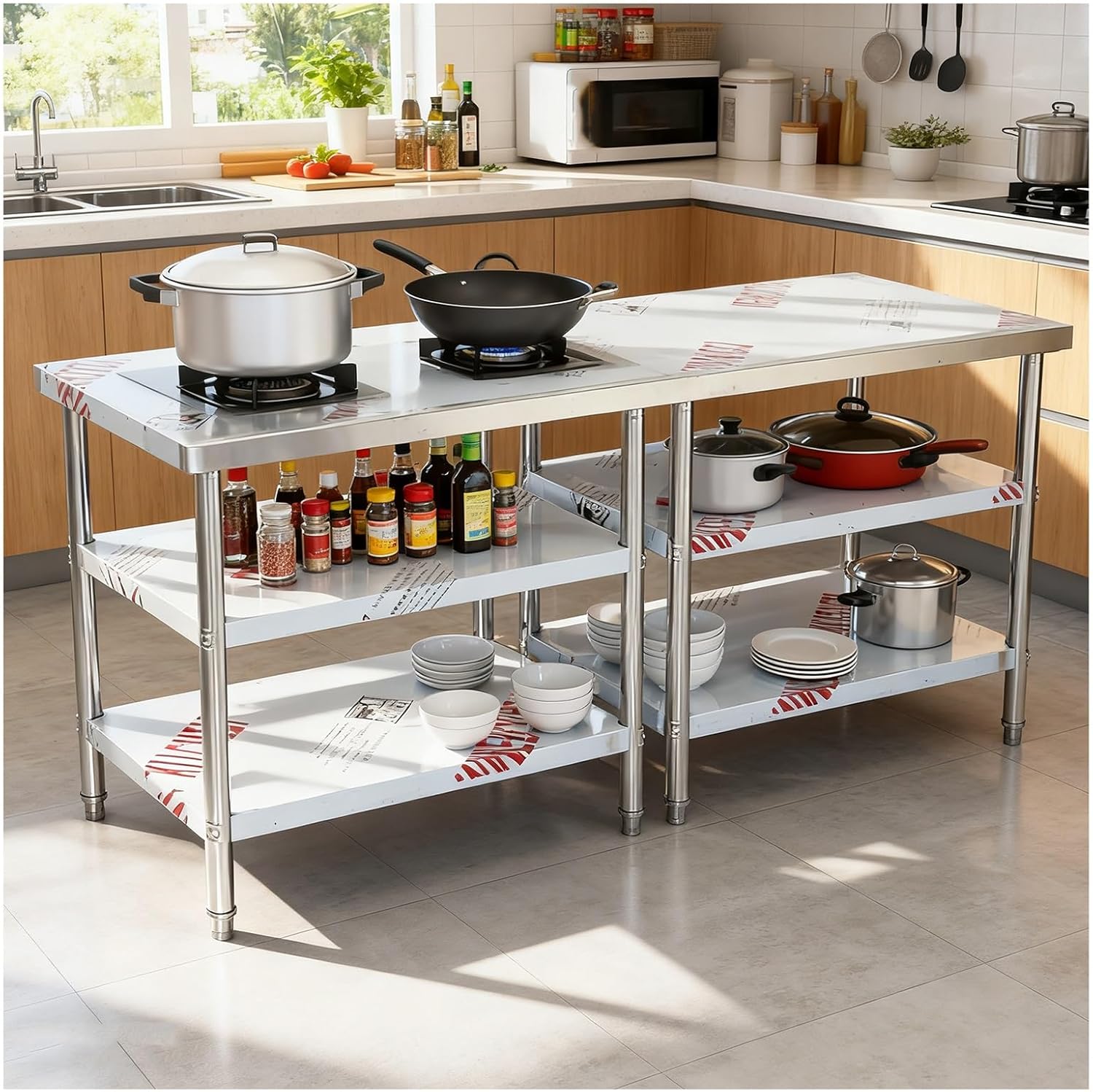 Workbench Triple-Layer Stainless Steel Storage Rack Commercial Kitchen Worktable Platform 8 Adjustable Support Legs Open Metal Prep Table(100x40x80cm/39.4x15.7x31.5”)