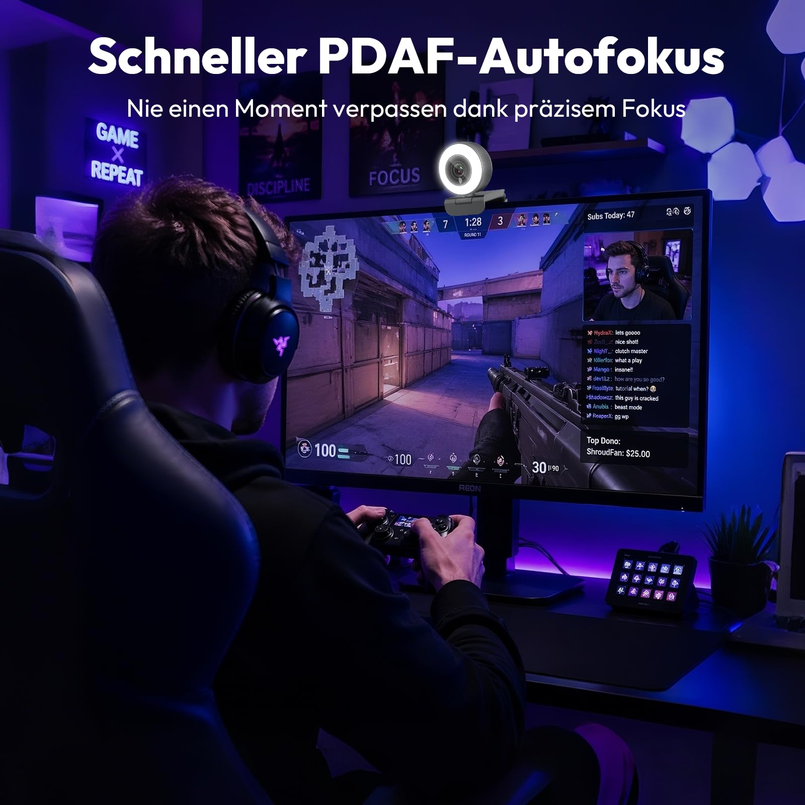 Angetube 4K Webcam mit Licht,PC-Kamera mit Zwei Mikrofonen,1080P@60FPS für flüssiges Streaming,USB-A/C,PDAF-Autofokus,Plug&Play,mit Webcam-Abdeckung,kompatibel mit Zoom/Teams/Laptop/Mac und Windows