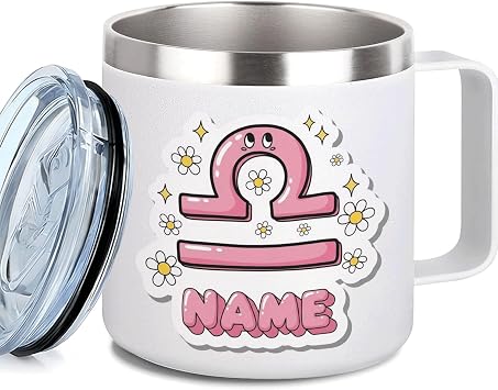 Personalized Libra Zodiac Mug with Name, 14oz Insulated Stainless Steel Coffee Cup with Handle and Lid, Astrology Sign Themed Drinkware for Hot and Cold Drinks
