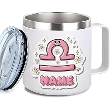 Personalized Libra Zodiac Mug with Name, 14oz Insulated Stainless Steel Coffee Cup with Handle and Lid, Astrology Sign Themed Drinkware for Hot and Cold Drinks