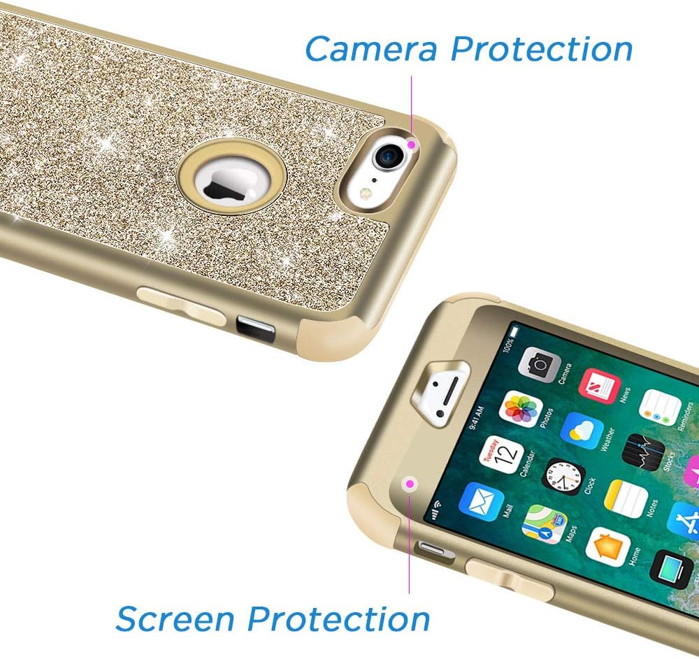 Hython Designed for iPhone 8, iPhone 7 Case, Heavy Duty Full-Body Defender Protective Case Bling Glitter Sparkle Hard Shell Hybrid Shockproof Rubber Bumper Cover for iPhone 7 and iPhone 8, Gold
