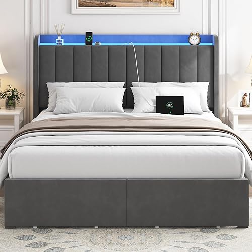 Full Size Bed Frame with LED Lights and Drawers, Upholstered Platform Bed Frame with Charging Station, Storage Headboard, Wood Slats Support, No Box Spring Needed, Dark Grey