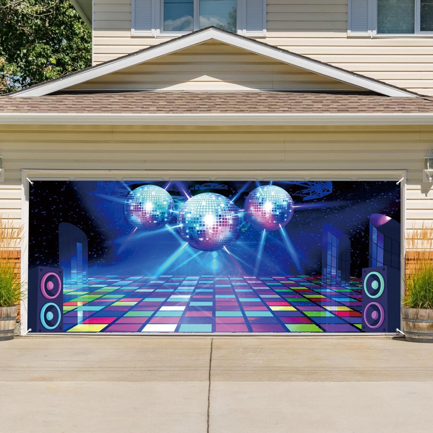 Dance Stage Entrance Party Garage Door Decorations Background Retro 80s 90s Round Stage Mirror Balls Stairway Footlights Backdrop Music Show Backdrops Birthday Banner Baby Shower Banner Cover 16x7ft
