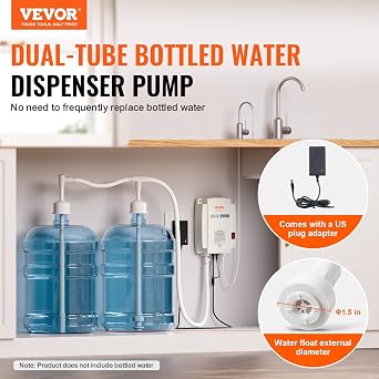 VEVOR Bottled Water Dispenser Pump System, 2x5 Gallon Dispensing System, Automatic Electric Water Dispenser, Double-Pipe Water Jug Pump, Compatible Use with Coffee/Tea Machine, Refrigerator, Ice Maker