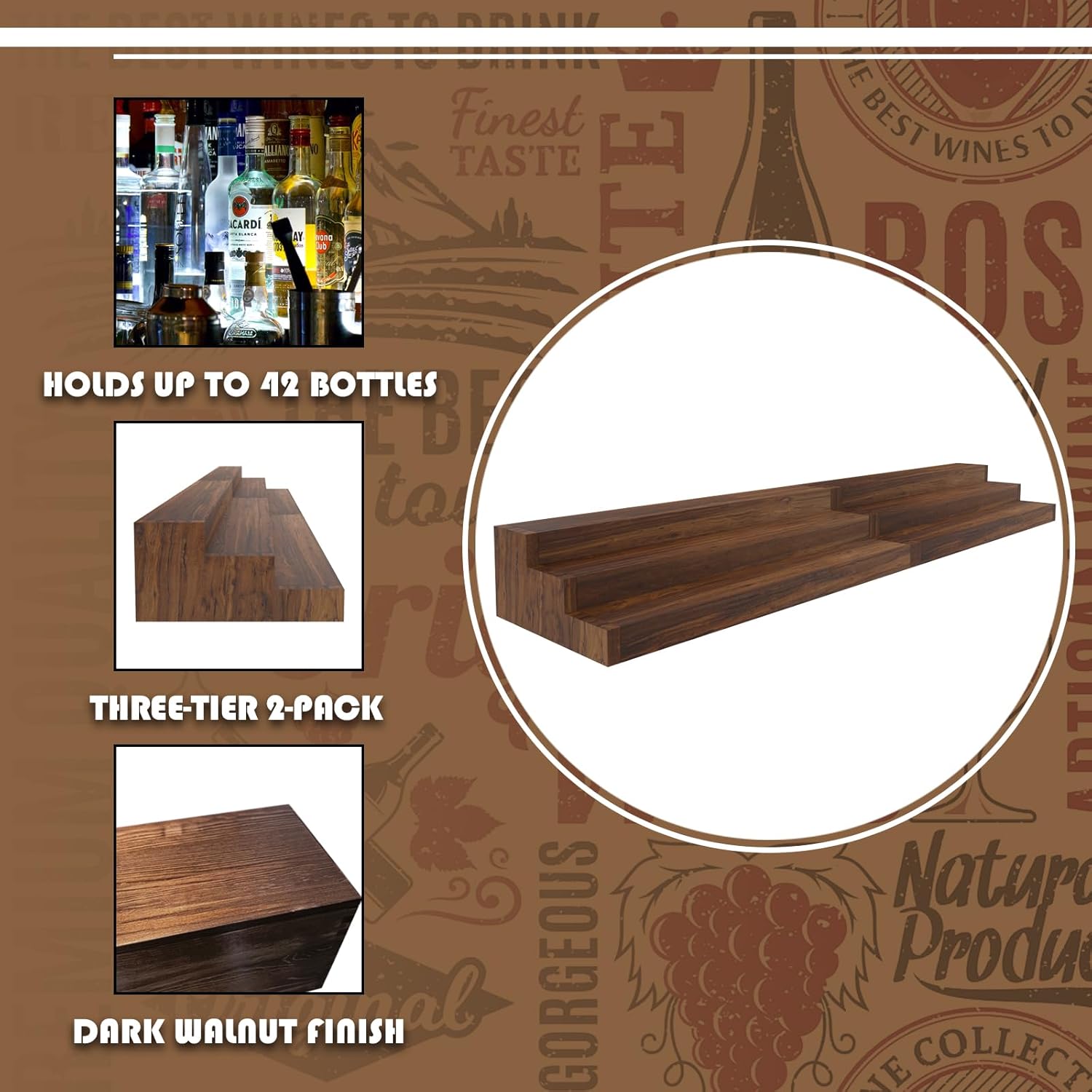 tongmo 2 Pack Liquor Bottle Stand - 3 Tier Liquor Bar Bottle Display Shelf, Holds 42 Bottles, Real Wood, Easy to Clean, No Installation Required - 30 Inch Each (Dark Walnut)