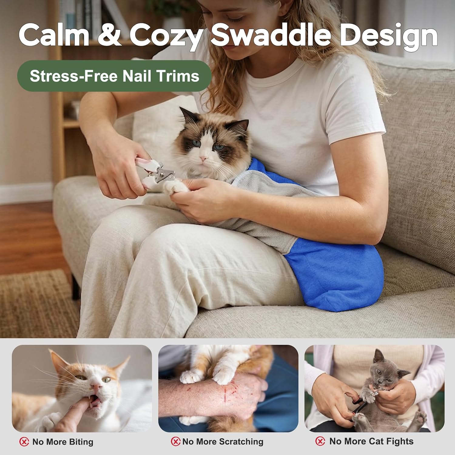 Cat Wrap for Cutting Nails, Self-Adhesive Cat Nail Clipping Restraint Bag, Anti-Scratch Cat Grooming Wrap Swaddle for Meds, SubQ Fluids, Ear Cleaning, Teeth Brushing & Vet Visits,Blue,M