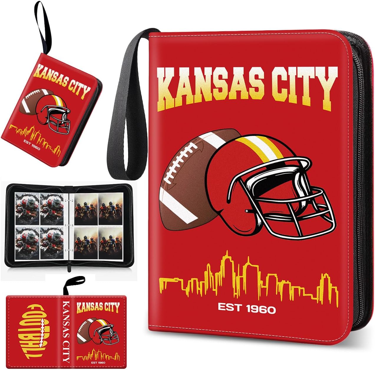 Football Card Binder, Kansas City Trading Card Holder Protectors, 4 Pocket Fits 400 Cards with 50 Removable Sleevesves Card Storage Album