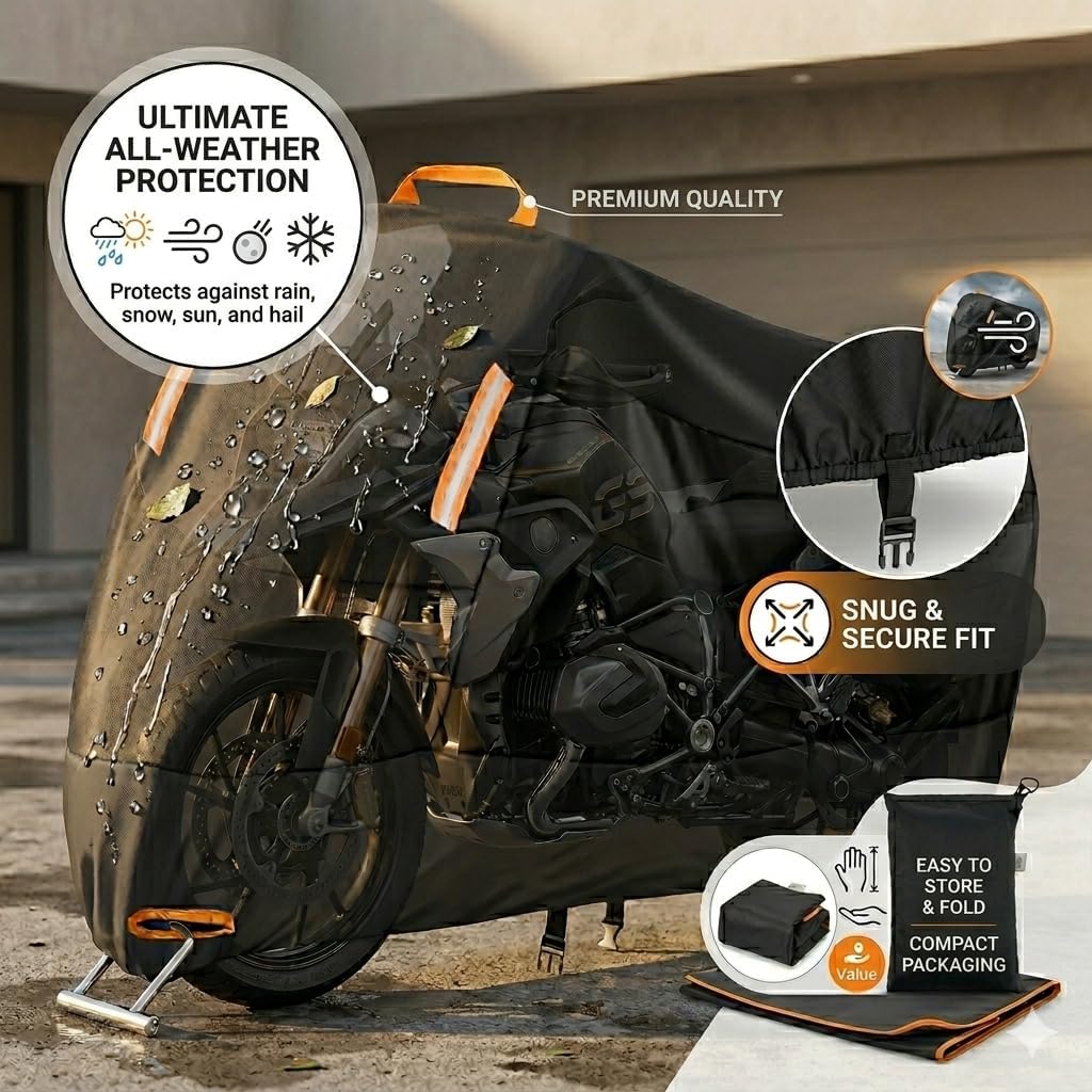 Heavy-Duty Motorcycle Cover, 420D Oxford Motorbike Waterproof Case - Night Reflective Design with Lock-holes, Extra-Thick Outdoor Dust Cover - All Season Protection, UV Protection (Fits up to 108.34")