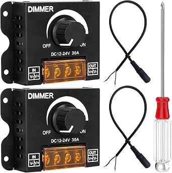 PWM LED Switch Dimmer Controller 12V-24V DC 30A, Frequency Adjustable Dimming Light ON/OFF Switch for LED Strip Light Single Color, Galvanised Iron Housing with DC Cable & Screwdriver
