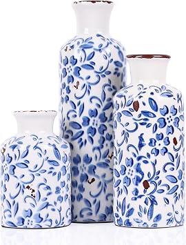 Blue and White Ceramic Vase Set of 3 Vintage Floral Porcelain Pottery Vases, Rustic Decorative Vases for Flowers, Farmhouse Chinoiserie Home Decor, Table, Mantel, Living Room & Shelf Centerpieces