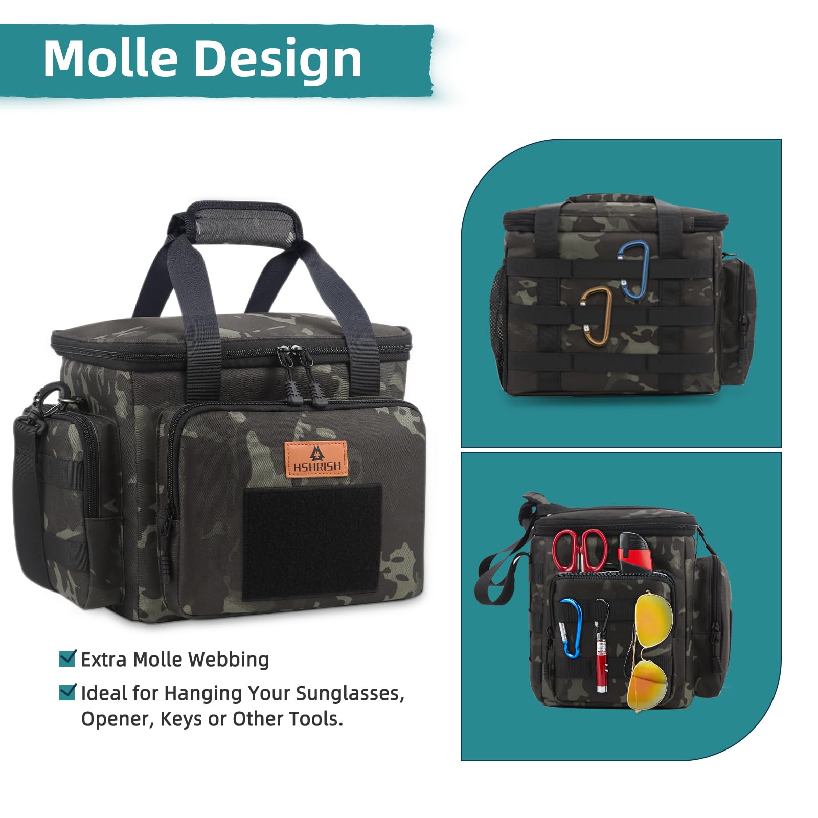 HSHRISH Borsa Termica Porta Pranzo, Borse Frigo a Tracolla per Picnic Isolate Tattiche All'aperto per Uomo Donna, impermeabile e durevole, ufficio, picnic all'aperto 12 L, Nero mimetico