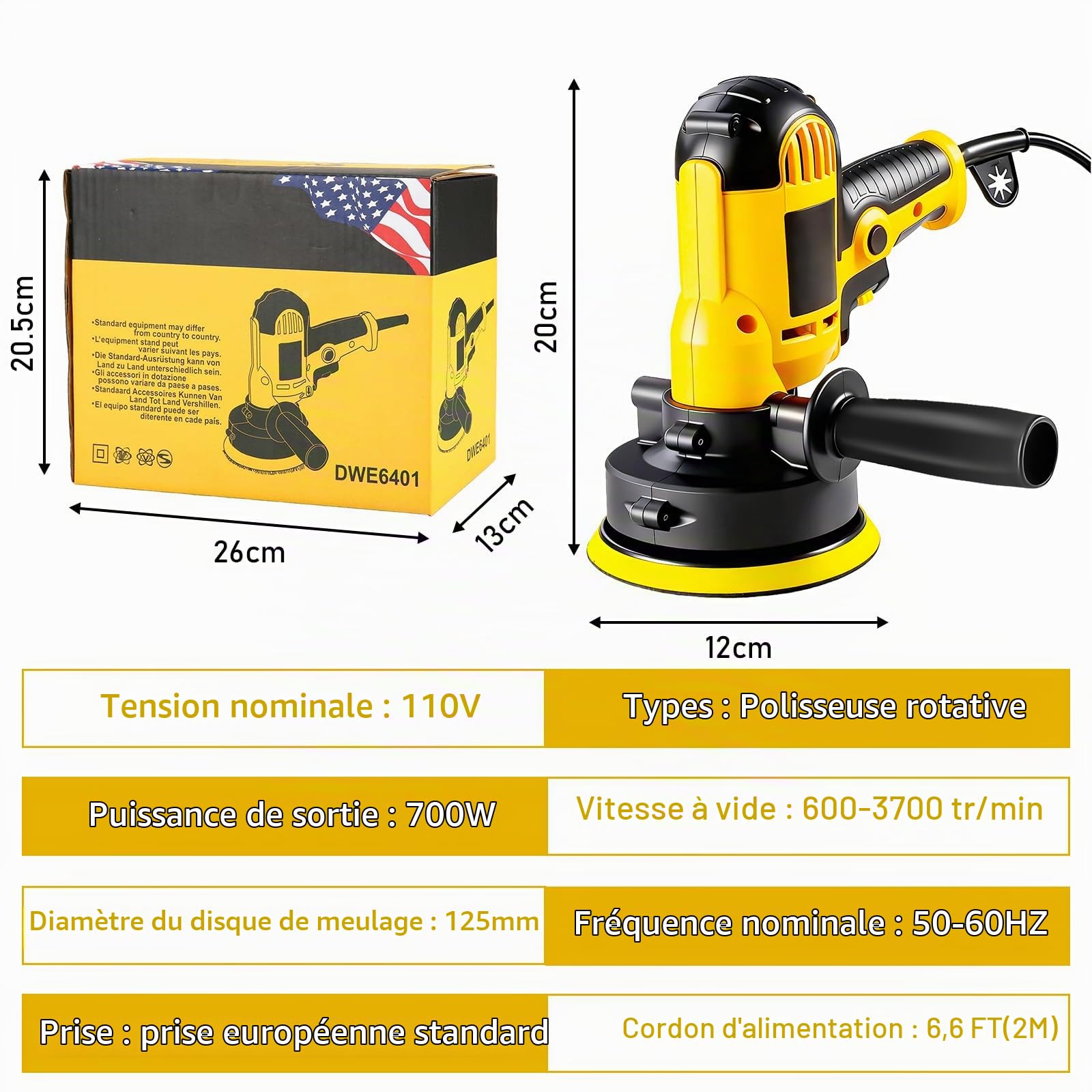 Kit de polissage et de cirage pour voiture de 700 watts avec 6 vitesses variables et 12 accessoires, idéal pour le detailing, le polissage, le cirage et l'élimination des rayures