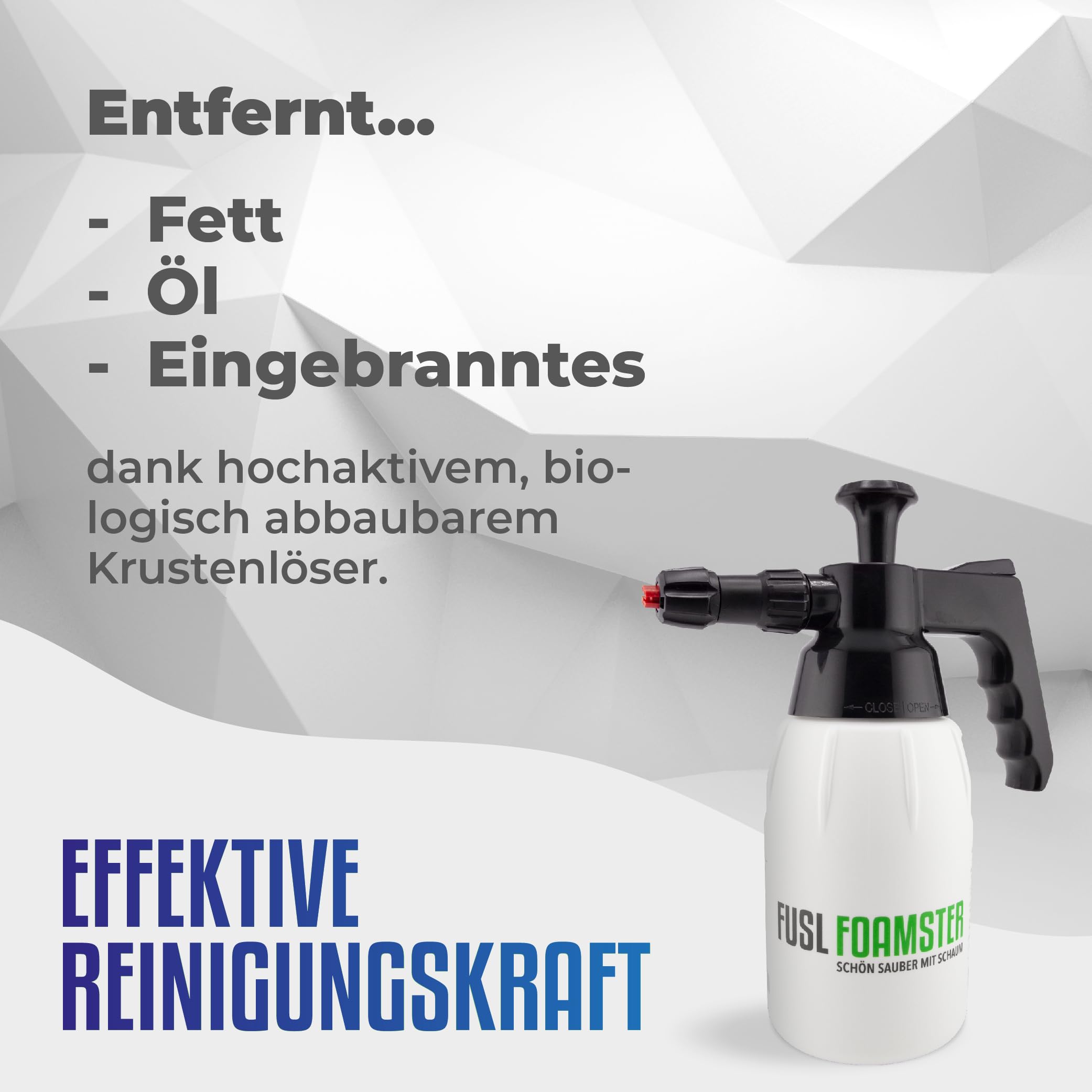 FUSL Komplett-Reinigungsset: FOAMSTER-Schaumkanone plus 1 Liter Krustenlöser – Hochaktiver Grill- und Backofenreiniger, Aktivschaum entfernt Fett & Eingebranntes, Bio-Abbaubar
