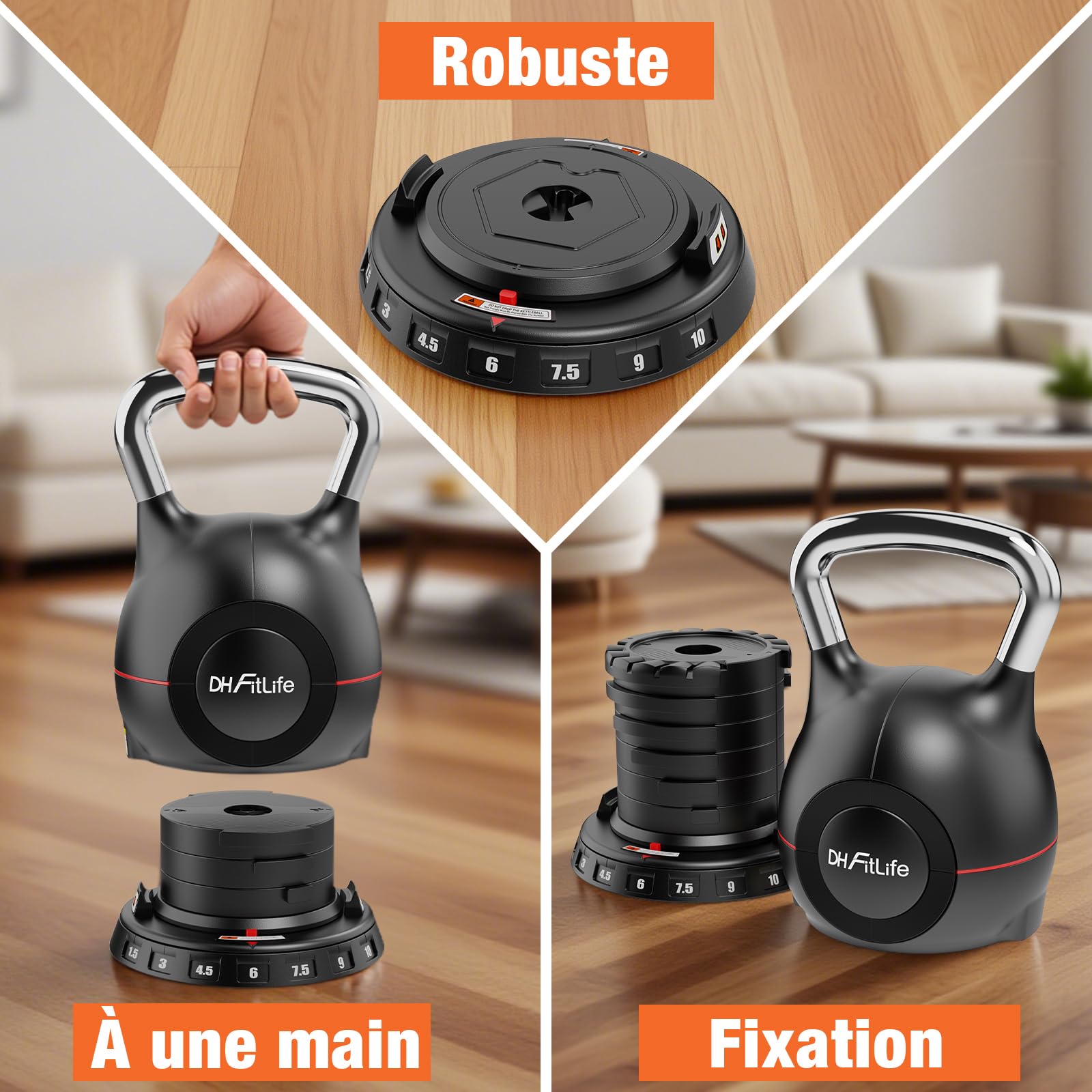 DH FitLife Kettlebell réglable 7-en-1 (1,5–10 kg) | 7 niveaux de poids | Idéal pour musculation, fitness & entraînement à domicile | Compact & peu encombrant