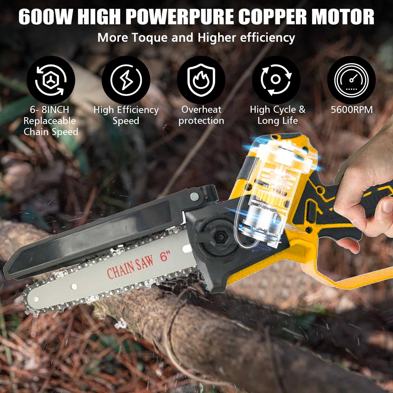 Mini piła łańcuchowa, bezprzewodowa, 20 cm, 15 cm, przenośna ręczna piła łańcuchowa kompatybilna z akumulatorem Dewalt 18 V 20 V, bezszczotkowe ręczne elektryczne piły łańcuchowe z 4 łańcuchami i 2