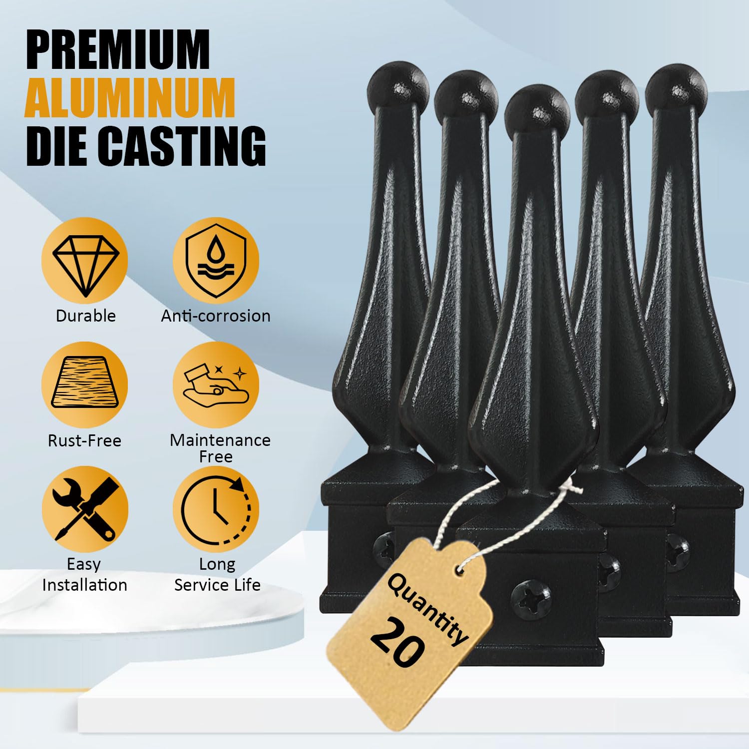 Aluminum Imperial Fence Spear Finials, Decorative Railing Topper Caps for Wrought Iron Fence, Durable Rust-Resistant Ornamental Post Cap, Textured Black (20PACK, Fit 3/4'' Picket)