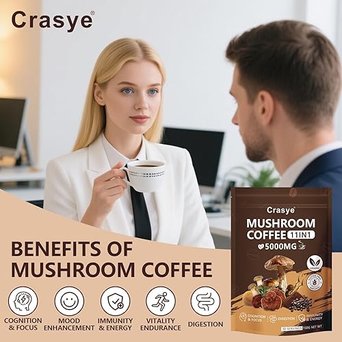 Miniatura 5 de Café orgánico de hongos 11 superalimentos instantáneos con Ashwagandha, Shilajit, melena de león, reishi, chaga y colágeno café arábica molido para