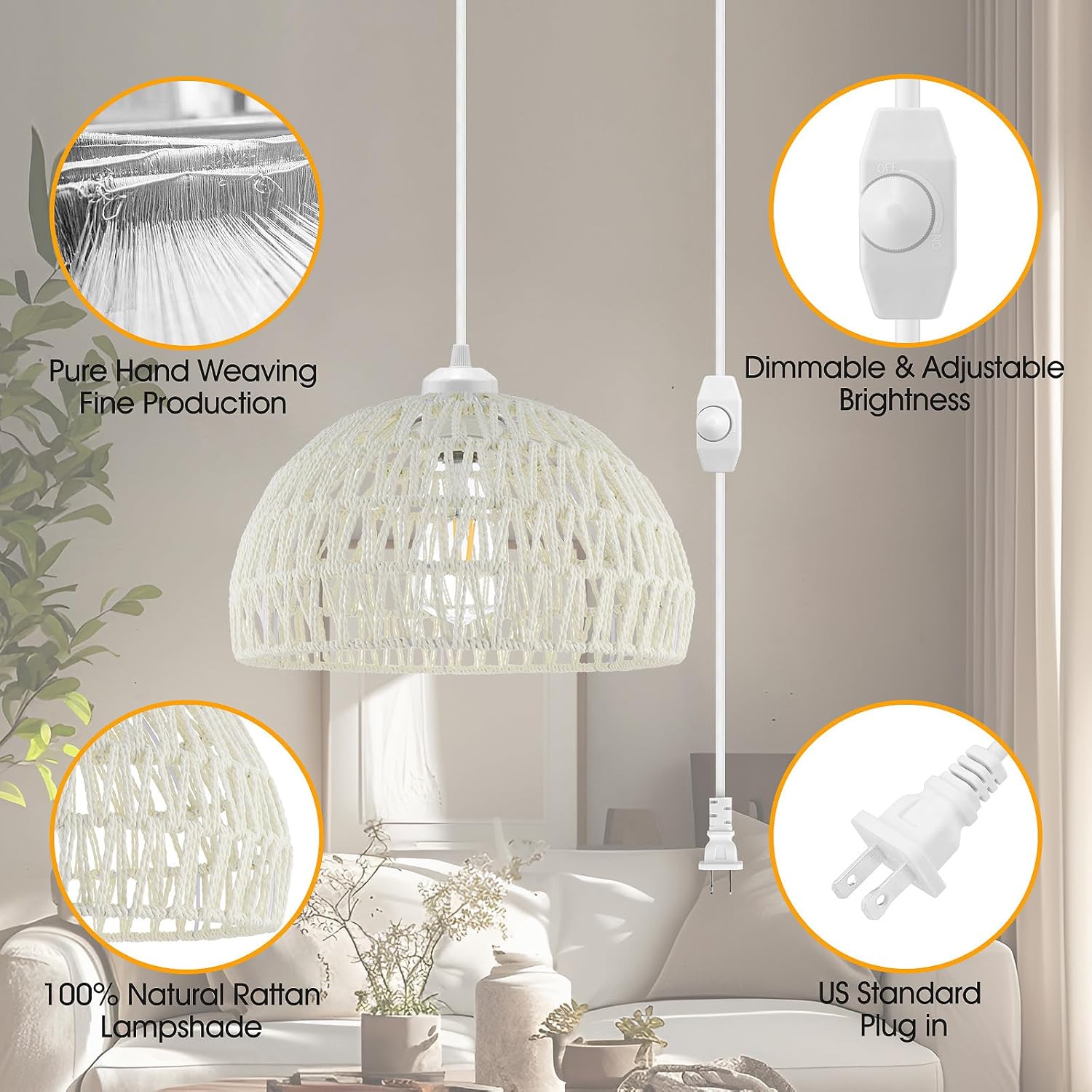 SLYYMY Plug in Pendant Light, 15FT Hemp Rope Cord,Hanging Lights with Plug in Cord Rattan Hanging Lamp Wicker Woven Basket Lampshade, Industrial Plug in Ceiling Light Fixture for Kitchen (Cream)