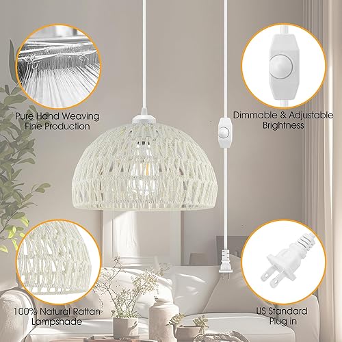 Miniatura 6 de SLYYMY Lámpara colgante enchufable, cable de cuerda de cáñamo de 15 pies, luces colgantes con cable de enchufe, lámpara colgante de ratán de mimbre,