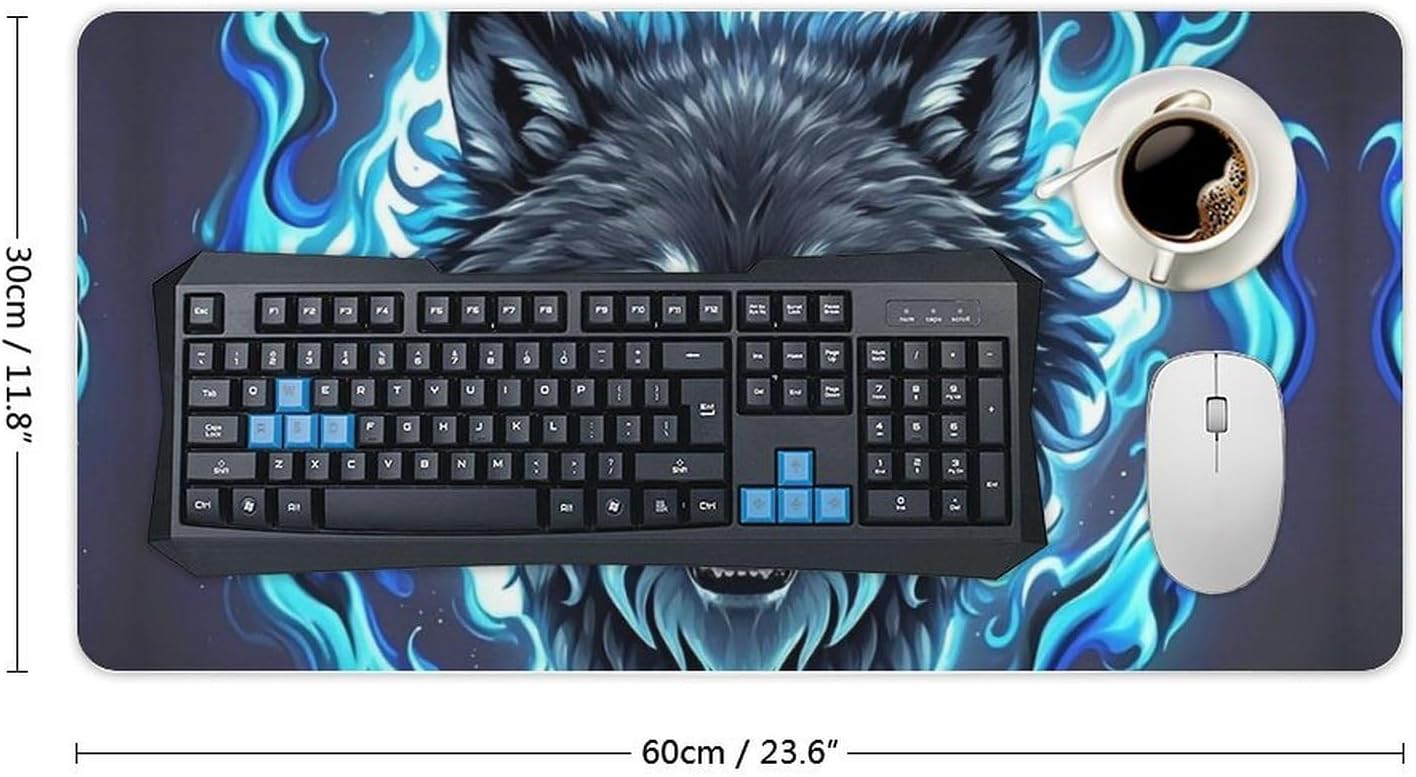 Wolf Head in Blue Flames Mouse Pad 24x12 in Large Computer Desk Mat image 2