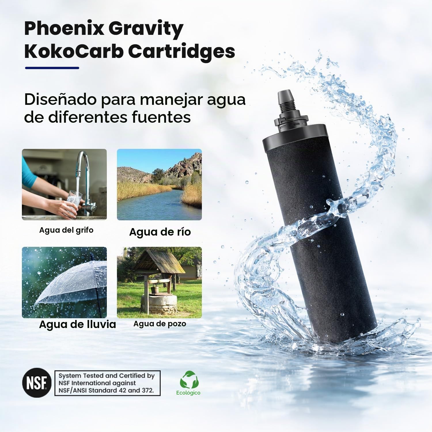 Phoenix Gravity KokoCarb - Cartuchos de filtro de carbono con certificación NSF (paquete de 2) – Repuesto de carbón activado de cáscara de coco para filtros de agua por gravedad – Compatible con otros