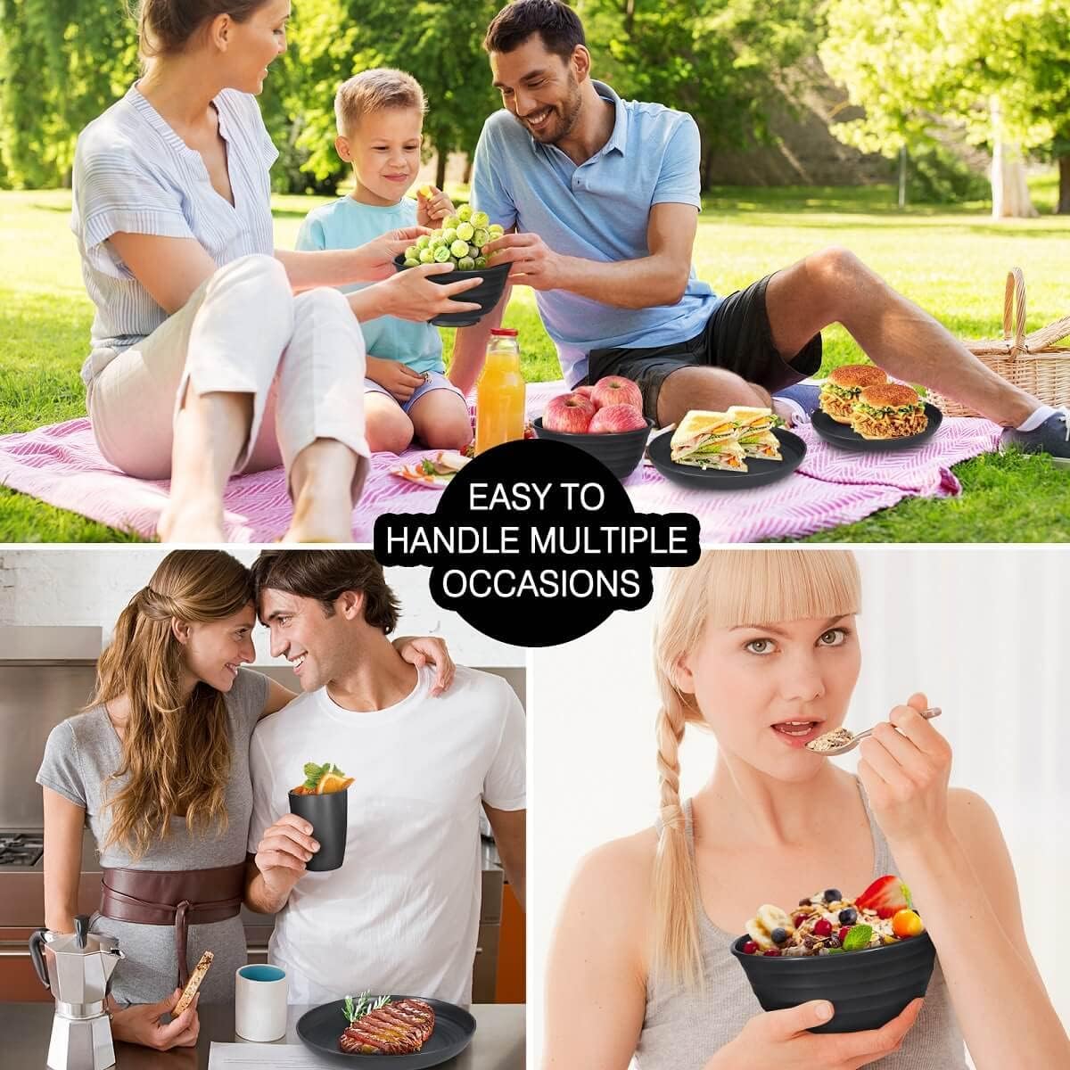 12pcs Plastic Wheat Straw Dinnerware Sets, Wheat Straw Plates and Bowls Sets for 4 College Dorm Room Essentials Microwave Dishwasher Safe (Black)