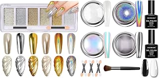 White Pearl Aurora Mermaid Chrome Nail Powder, Gold Silver Holographic Unicorn Iridescent Nail Chrome Powder, Metallic Mirror Effect Light Gold Champagne Chrome Powder Palette Pigment Glitter