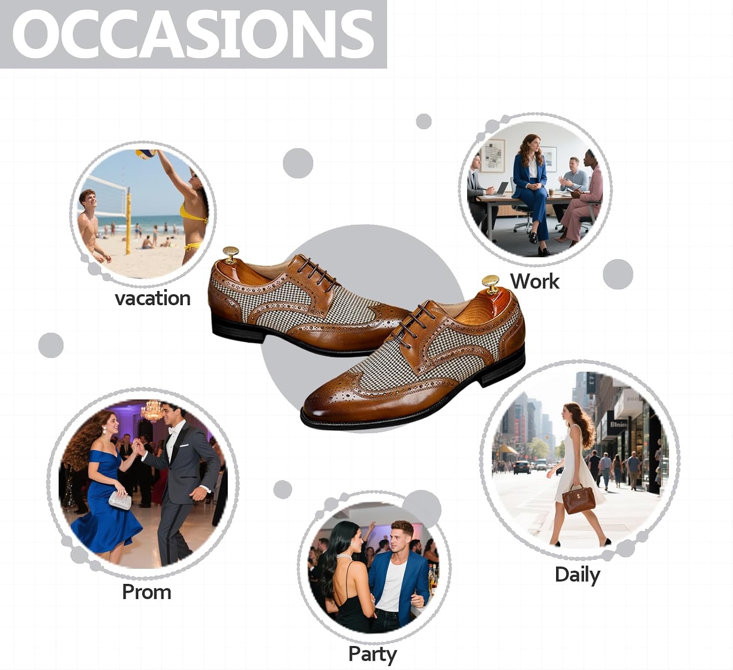 Mens Plaid Wingtip Oxfords Fashion Leather Round Toe Low Block Heel with Lace-Up Formal Brogues for Business Wedding Prom Work Daily