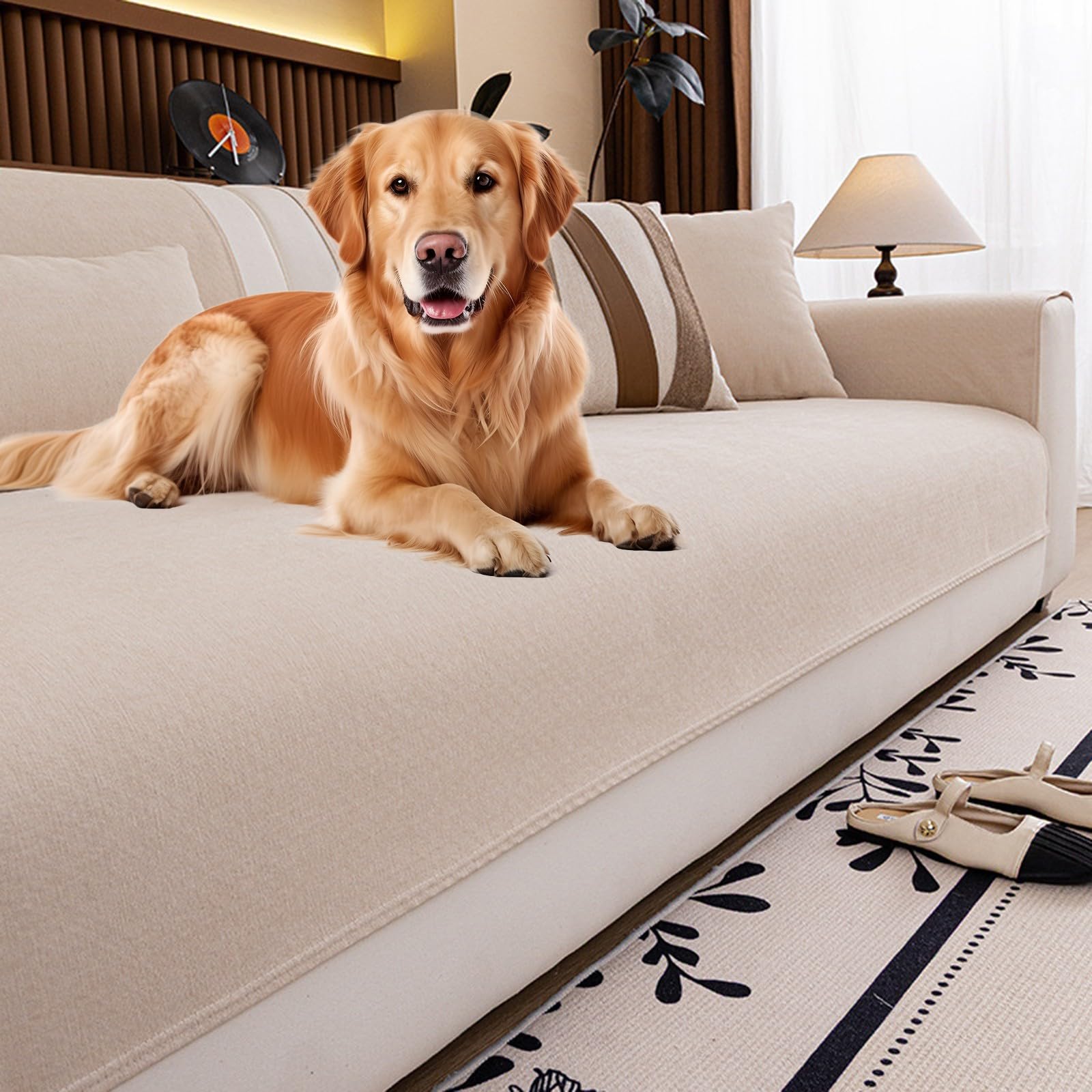 Generisch Sofa üBerzug Chenille Wasserdichter Sofahusse rutschfest Kratzschutz Sofa Katze Hund Couchschoner Sofas Polsterbezug Schoner 1/2/3/4 Sitzer(Beige,110x240cm)