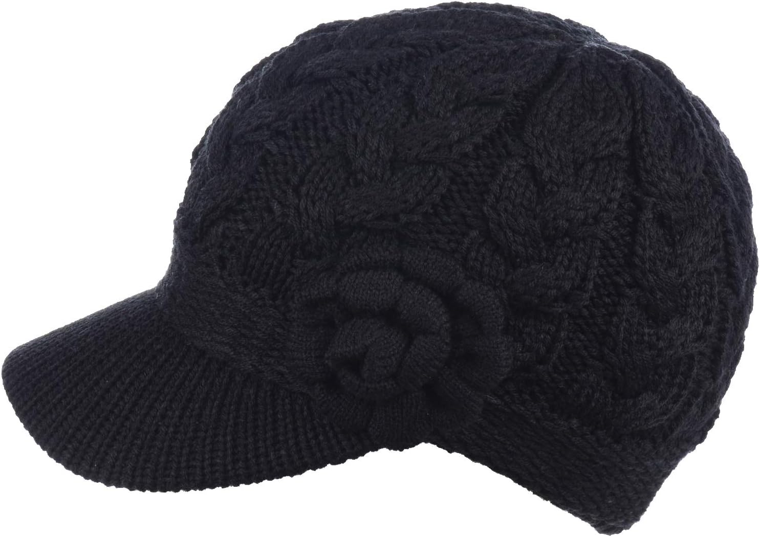Womens Winter Elegant Cable Flower Knitted Newsboy Cabbie Cap Beret Beanie Hat with Visor, Warm Plush Fleece Lined - Image 2