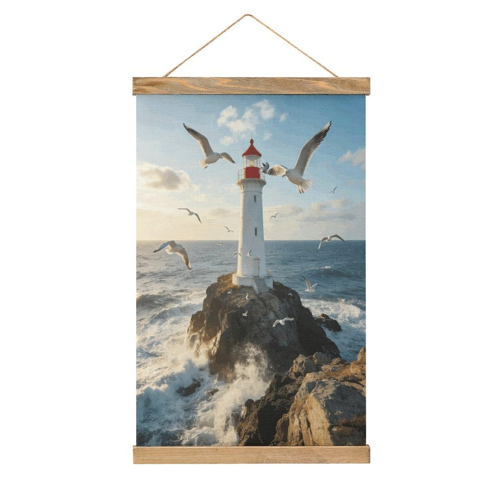 VstaDank Lighthouse Seagull Poster with Wooden Frame Hanger Art Painting Wall Decor Poster Wall Hanging Wooden Frame 13x20 Wood Poster Hanger for Photo Picture Art Canvas Print Artwork