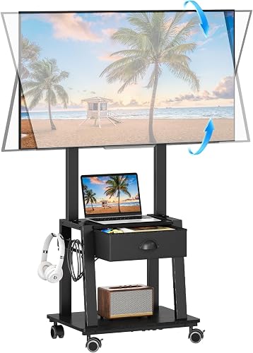 Mobile TV Stand with Drawer for 23-60 Inch Flat/Curved Screen,Tilt Rolling TV Cart on Wheels with 2 Shelves Adjustable Height Portable TV Stand Holds up to 50 lbs for Indoor Outdoor Max VESA 400x400m