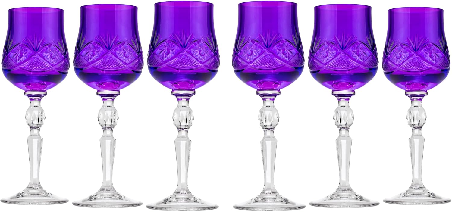 WG7841BC-X, 2.25 Oz Handmade Crystal Cordial Shot Glasses, Violet Stemmed Vodka/Liquer Glassware, Set of 6