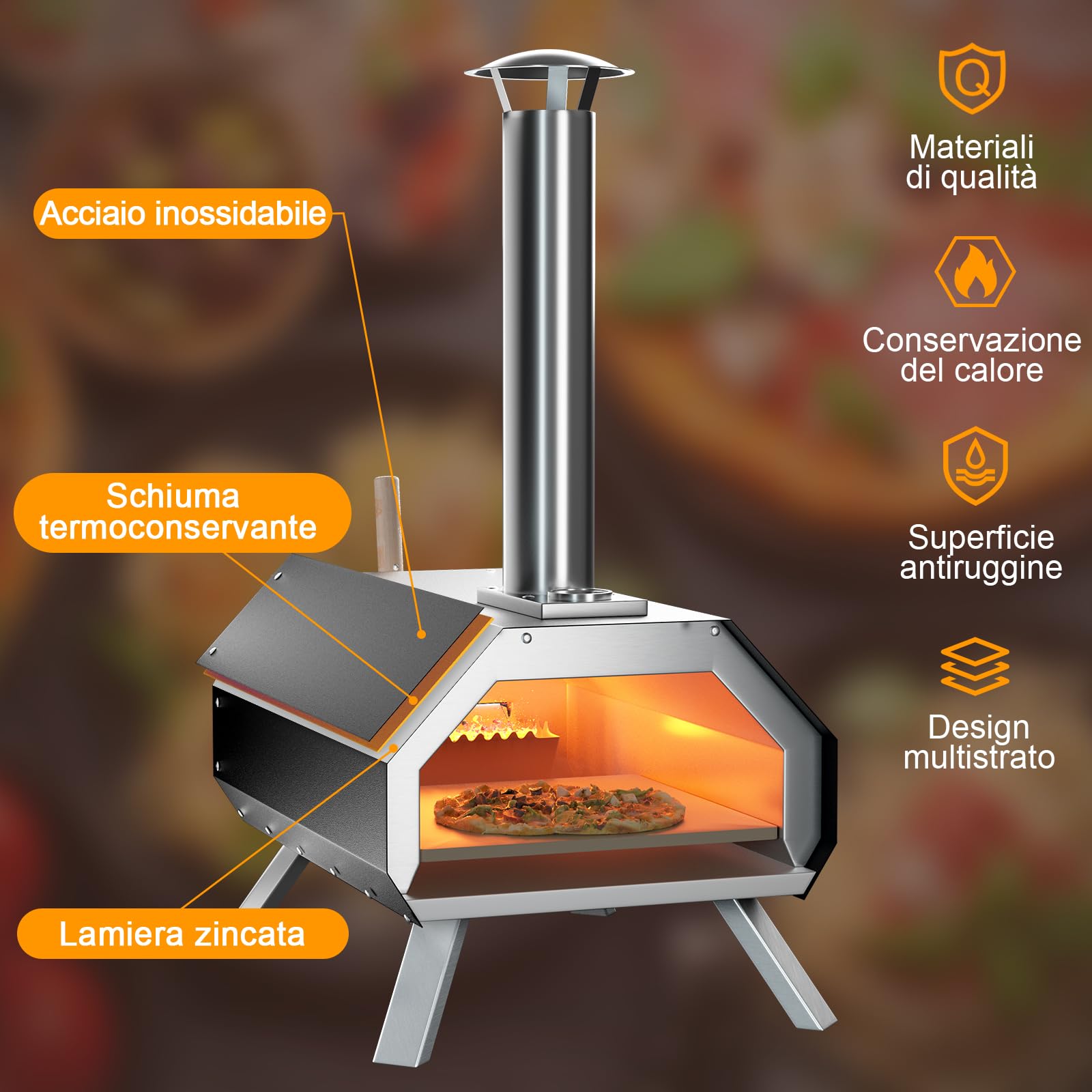 GYMAX Forno a Legna per Pizza, Griglia in Acciaio Inox a 3 Strati con Termometro, Pala per Pizza, Pietra per Pizza, Gambe Pieghevoli, per Esterno Cortile, Veranda, 51 x 38,5 x 83 cm